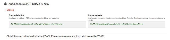  insertar la Site Key y la Secret Key obtenidas previamente en la web de Google.